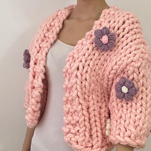 Cardigan Hand-Knitted Pink Crop Top Gift for her - Picture 6 of 7